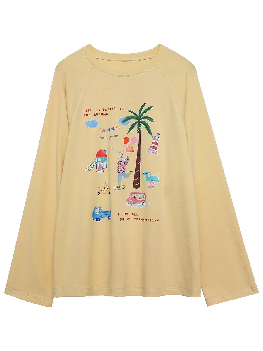 CHIC VEN Womne\'s T-Shirts Loose Round Neck Cartoon Print Shoulder Long Sleeved Female Tees Woman Top Spring Autumn 2024