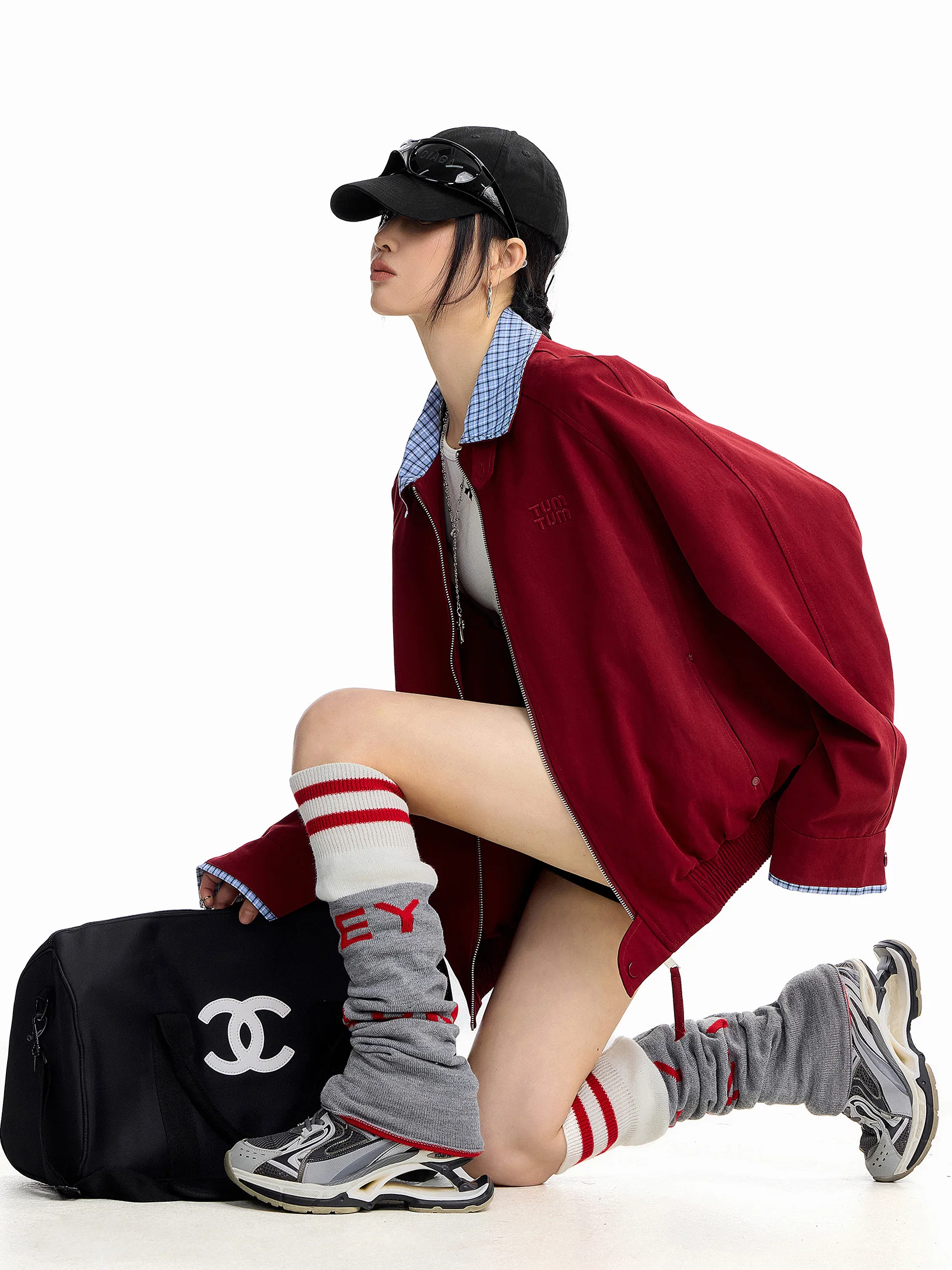 

Ich Mode American Sle Red Plaid Splicing Loose Women's Jaet Autumn Winter Workwear Coat Casual Long Sve Top
