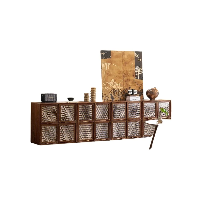 

North American black walnut intangible cultural heritage square cabinet living room vintage rattan lattice solid wood