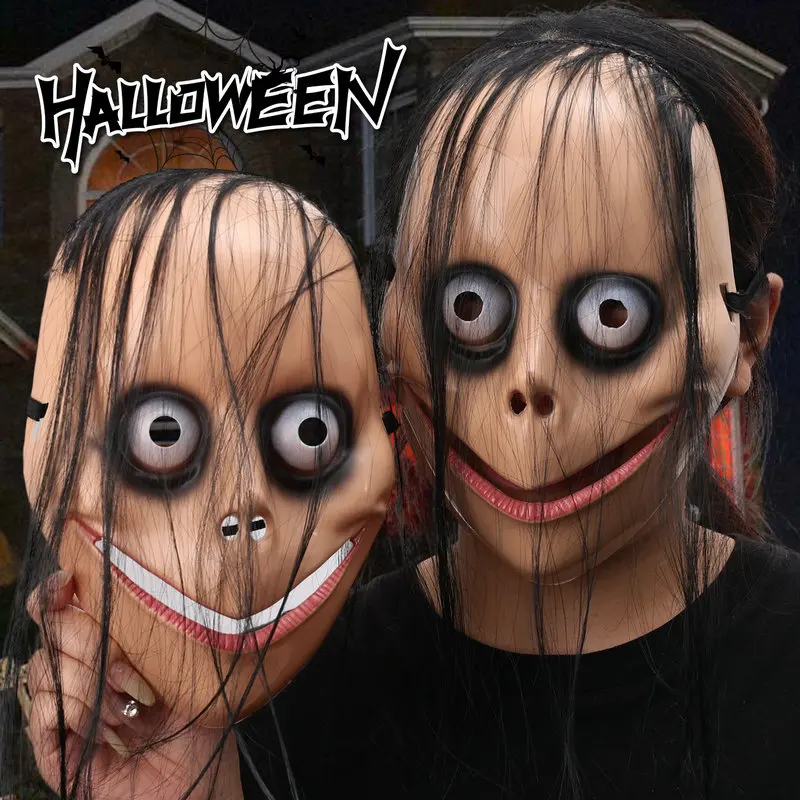 Nuovo Halloween Horror con capelli lunghi Cosplay Maschera fantasma femminile Maschere per giochi di ruolo Maschera divertente Maschera per bocca a forma di V Giocattoli ingannevoli per feste