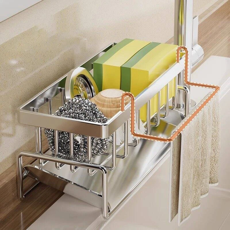 Kitchen Stainless Steel Sink Sponge Holder Drain Rack Faucet Storage Soap Drainer Towel Rack Shelf Organizer Accessories