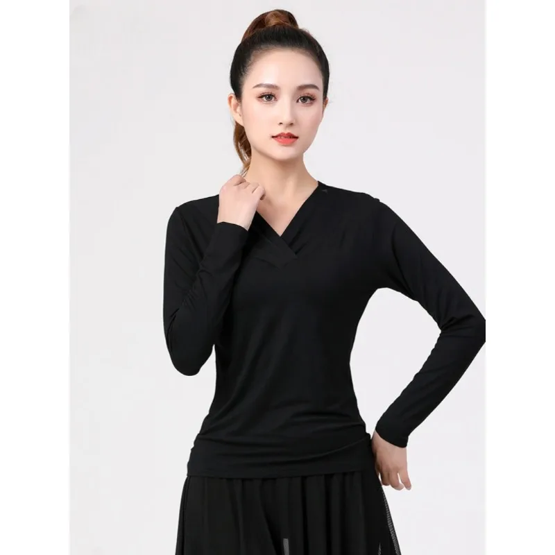 

Long sleeve v-neck top new modern dance body black dance training clothes