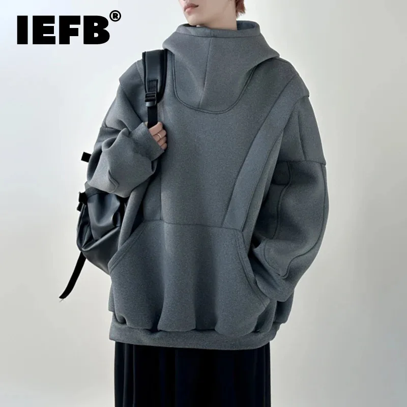 IEFB Korean Style Men's Sweaters Turtleneck Fake Two-piece Design Big Pocket Solid Color Casual Male Tops Autumn Tide 24E5542