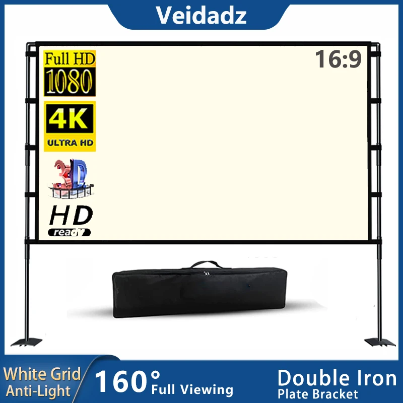 

VEIDADZ Projector Screen With Stand White Anti-Light 84 100 120 inch Foldable Iron Plate Double Bracket Screen With Carry Bag