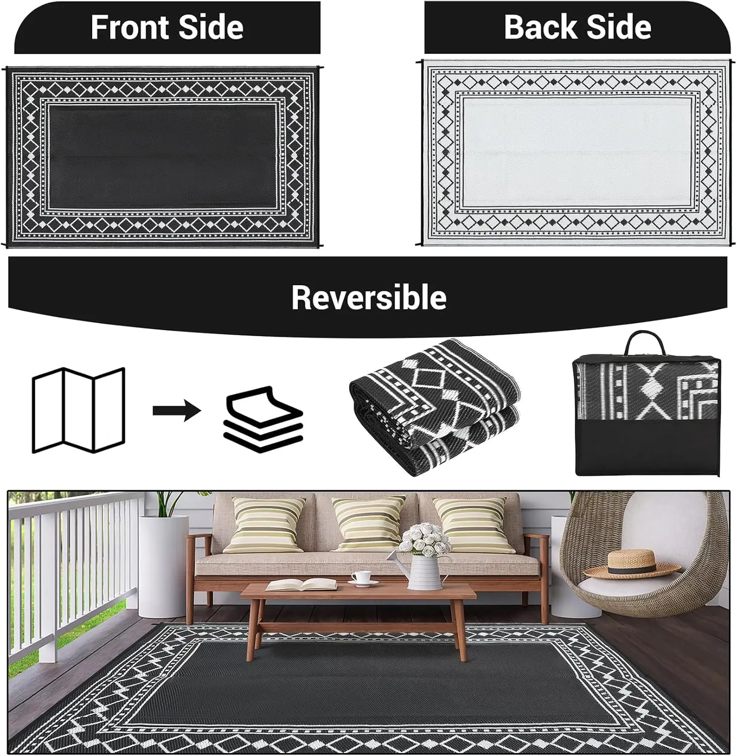 10x20 Large Outdoor Patio Rug – Waterproof Plastic Straw Carpet, Washable, Reversible, Modern Border Design – for Camping, RV, Deck, Porch, Picnic, Balcony, Backyard (Black/White)