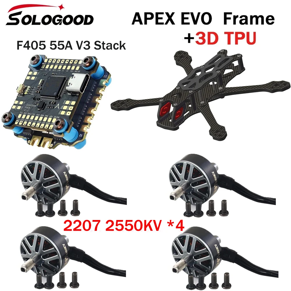 SoloGood APEX EVO Frame Kit F405 55A V3 Stack ICM42688P BLS55A 4in1 ESC 2207 1950KV 2550KV 2-4S Lipo Unibell Brushless Motor