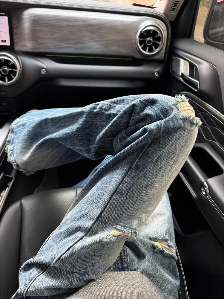 

American High Street Vintage Ripped Jeans Men's Spring Autumn New Trendy Brand Cleanfit Straight Leg Micro Flare Pants