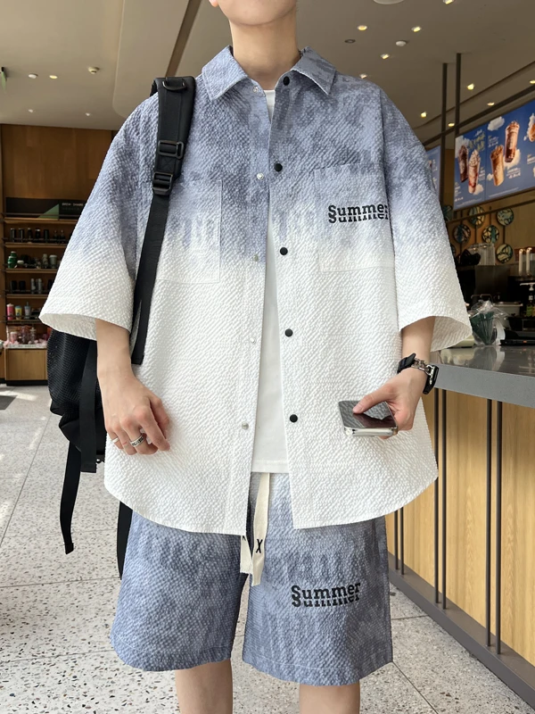 夏用カジュアルシャツショーツセット-ティーンエイジャー男子高校生向け-ポリエステル繊維-半袖服セット