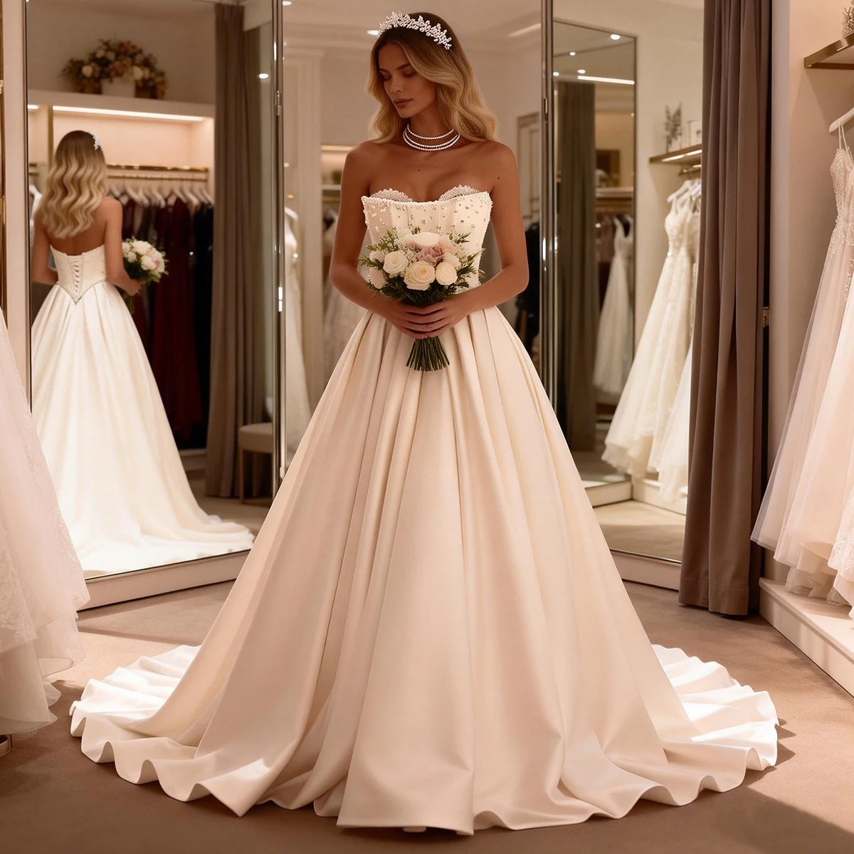 فستان زفاف رومانسي من الساتان واللؤلؤ على شكل قلب للنساء بدون حمالات لحفلات الزفاف الطويلة بدون ظهر #6