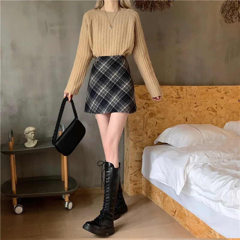 Skirts Women Woolen Tender Fashion High Waist Retro Plaid Elegant A-line Casual Ladies Minimalist All-match Autumn Korean Style