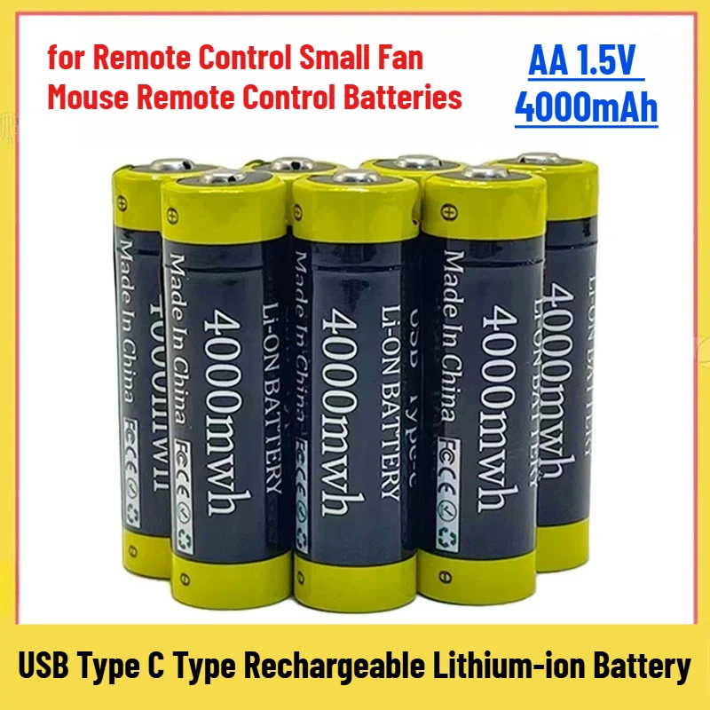 

New AA 1.5V 4000mAh USB Type C Type Rechargeable Lithium-ion Battery for Remote Control Small Fan Mouse Remote Control Batteries