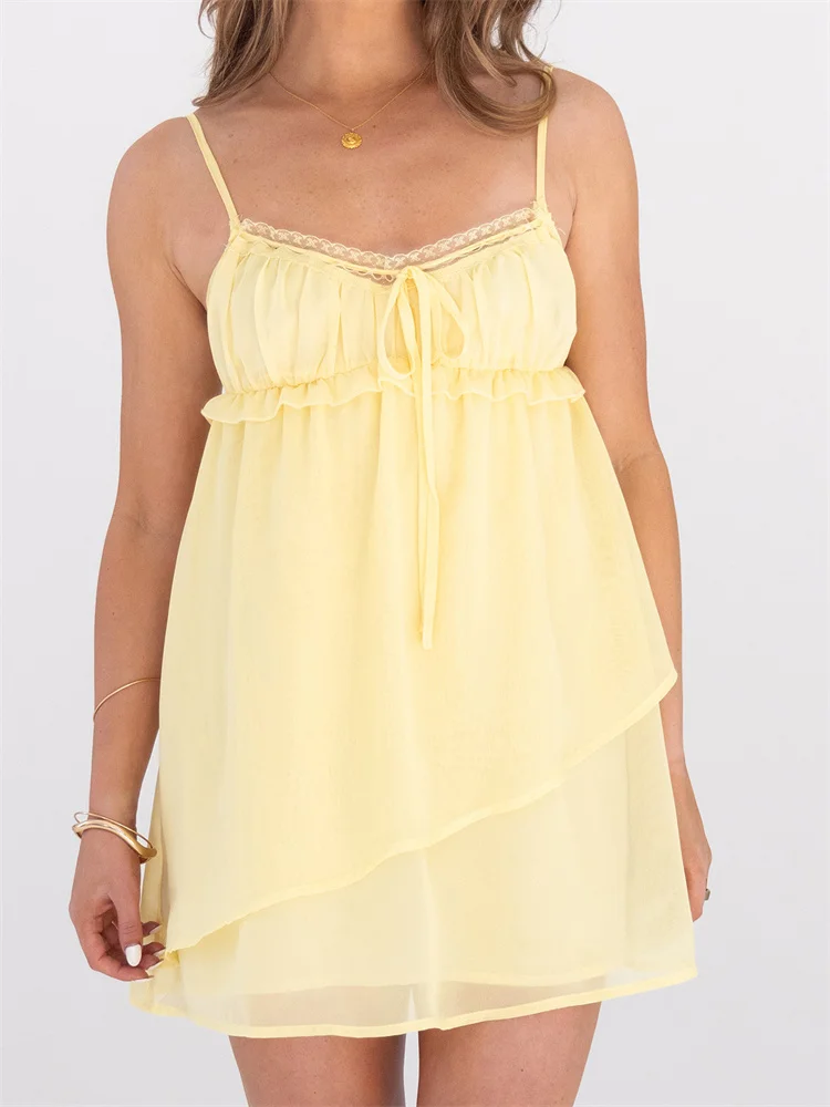 CHRONSTYLE Abito estivo da donna in pizzo senza maniche senza schienale taglio basso in rete Cami Dress increspato a vita alta orlo irregolare Vestido 2025