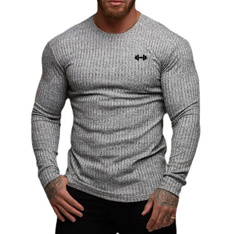 Prendas de punto ajustadas a rayas con cuello redondo para hombre, jersey ajustado para culturismo y Fitness, estampado gris, ropa informal para hombre musculoso para Otoño e Invierno
