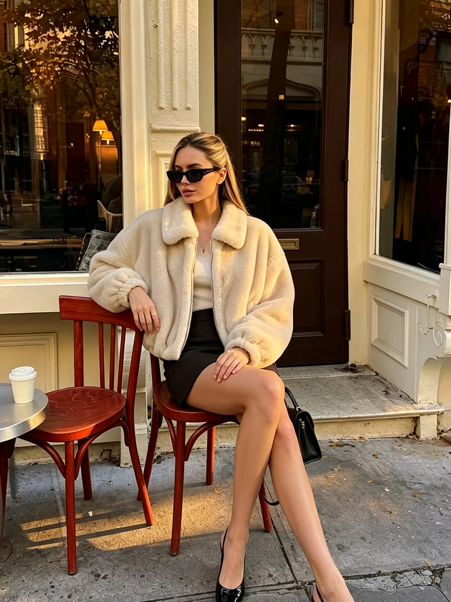 PUAL  Women Fuzzy Faux Fur Cropped Jacket 2026, Turn Collar Zip Up Short Coat, Warm Plush Outerwear Fall Winter Fashion Tops