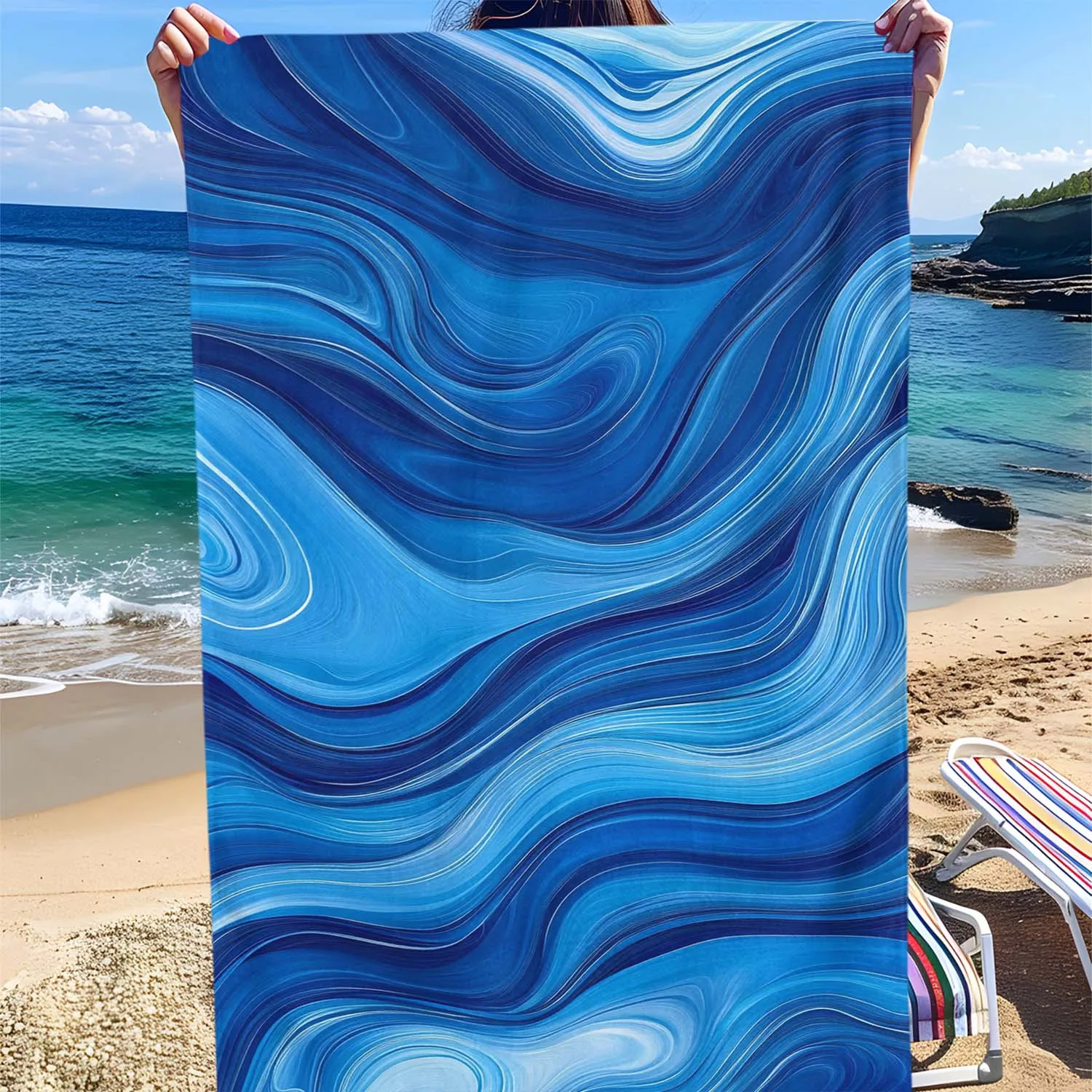 1PC Marbled Blue Wave Beach Towel Suitable for yoga, swimming, camping, big bath towels, essential travel accessories