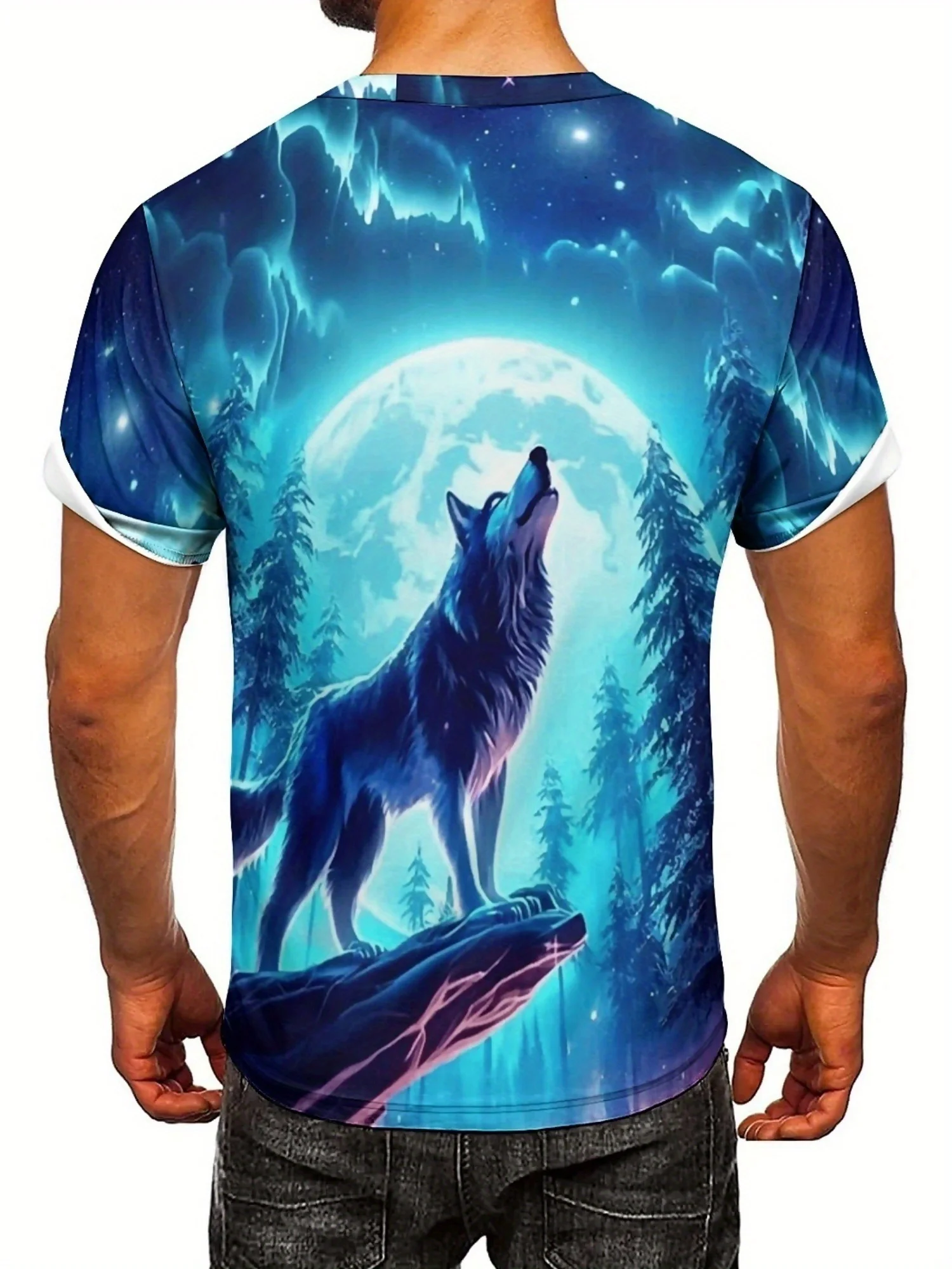Camiseta masculina de manga curta de fibra de poliéster respirável de secagem rápida de verão com uma impressão de graffiti 3D vibrante de um Wolf100 selvagem