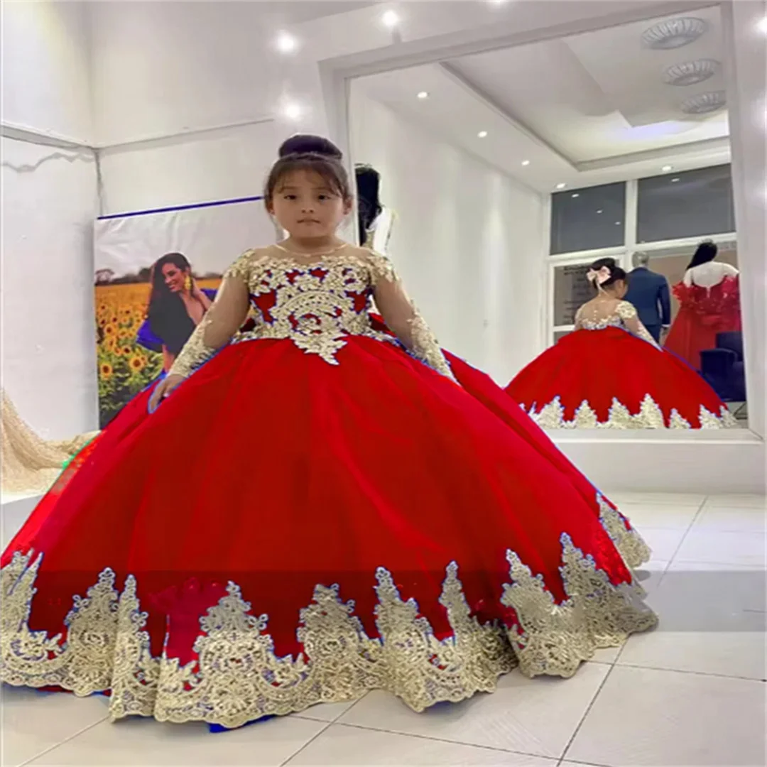 Customized Royal Blue Flower Girl Dresses For Wedding Puffy Gold Appliques With Bow Elegant Kids First Communion Festive Gown