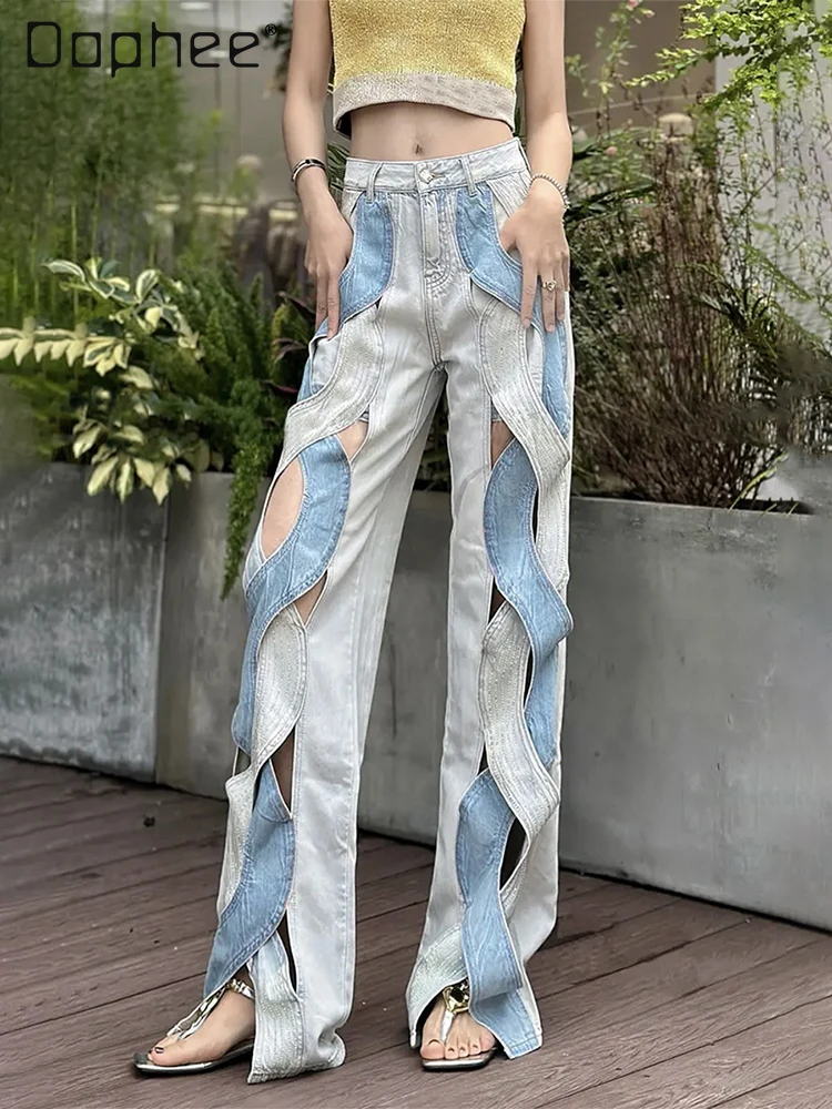 Chic Denim Pants Women Twists Contrast Color Hollow Out High Waist Straight Jeans Diamonds Patchwork Female Fashion Clothing