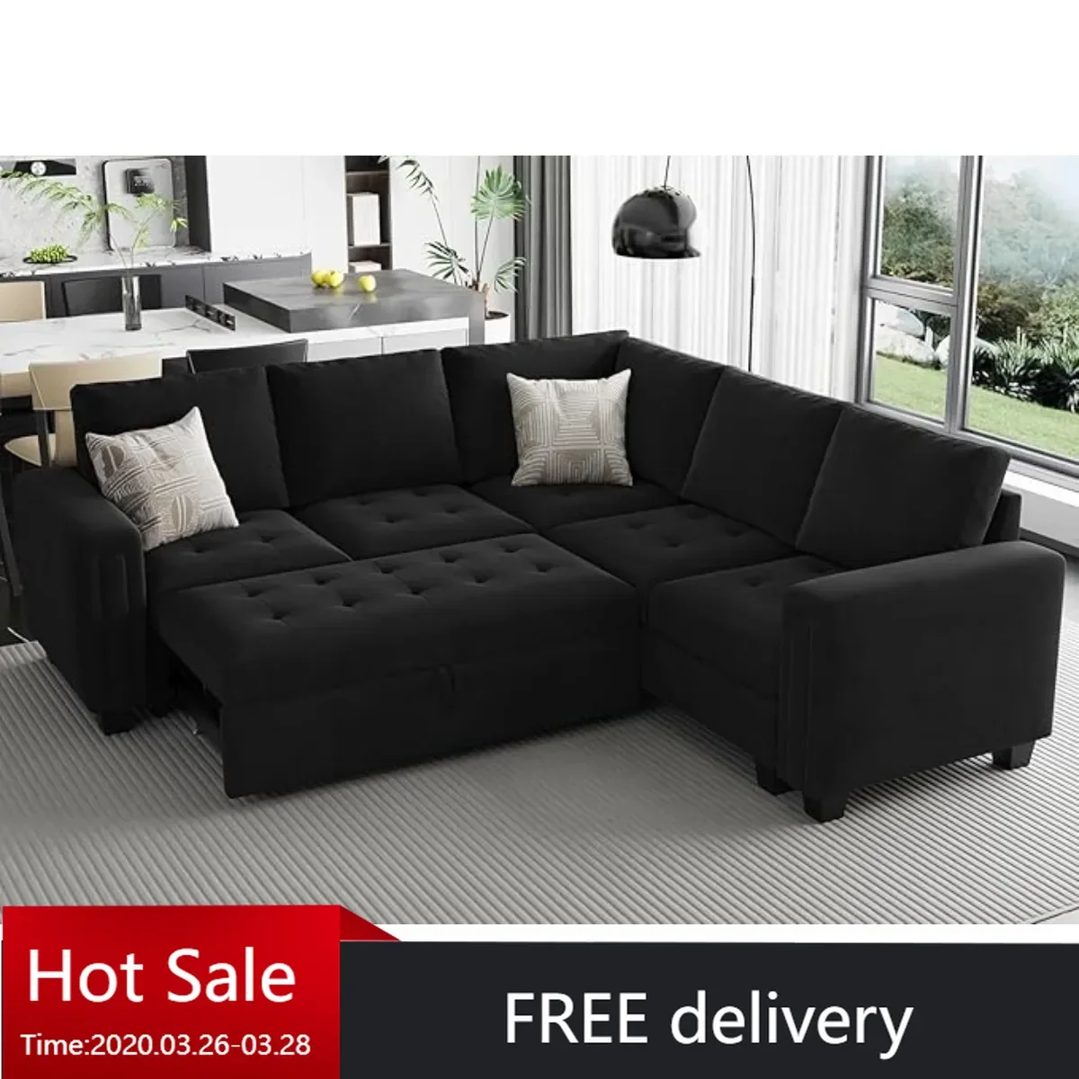 Modular Sectional Sleeper Sofa w/ Pull Out Couch Bed Velvet Convertible L Shaped Sectional Couch for Living Room Apartment Black