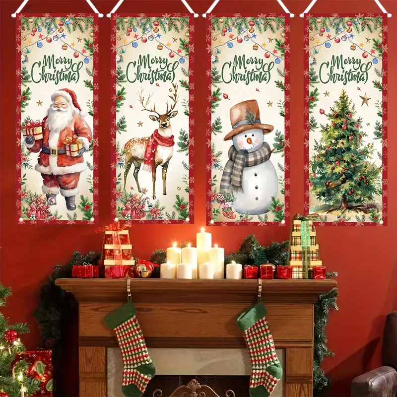 VIKAMA Merry Christmas Banner Santa Deer Snowman Christmas Tree Wall Hanging Fireplace Decor Xmas Decoration Holiday Gift