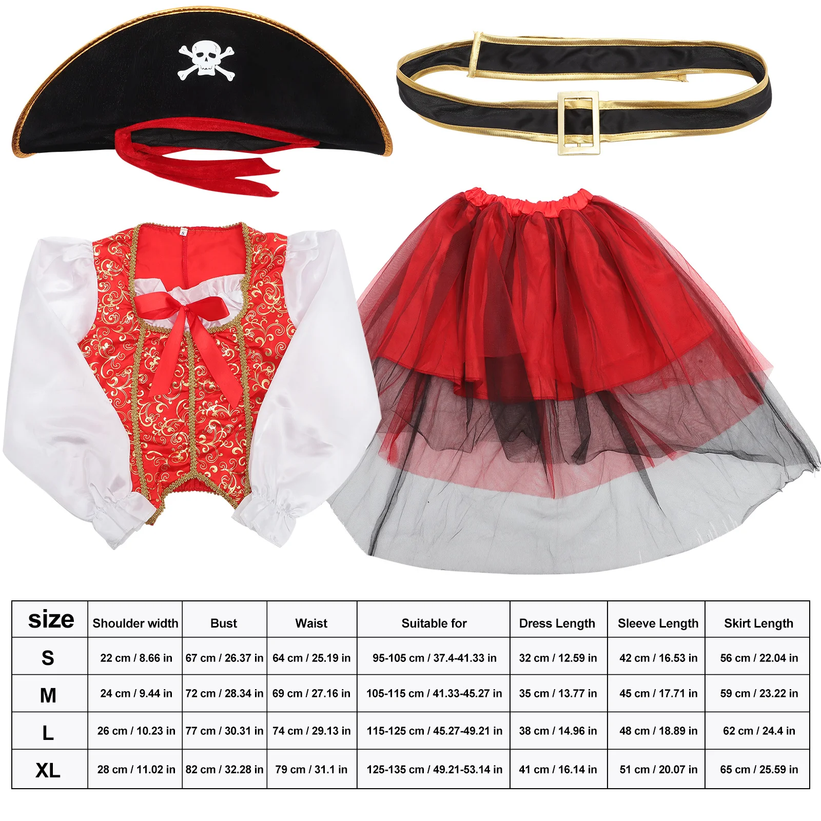 

4Pcs Kids Classic Pirate Costume Dress Skirt Hat Belt Halloween Party Cosplay Outfit for Dress Up Kids Pirate Costume