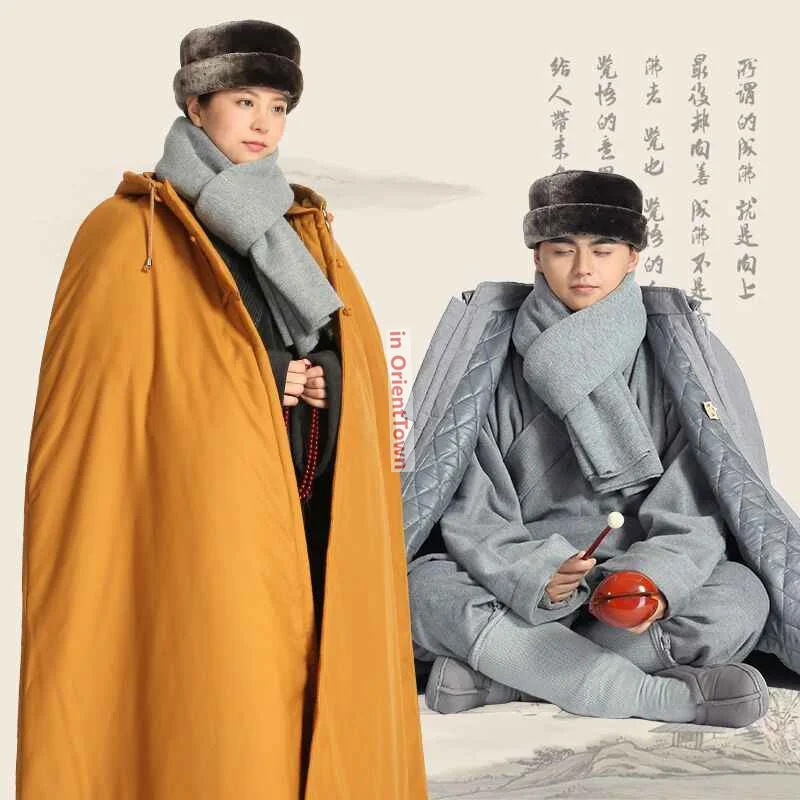 Winter Warm Hooded Windbreaker Wear Men and Women Thickened Cotton Zen Nun Meditation Cloak Monk's Cold Weather Robe Shawl TP099