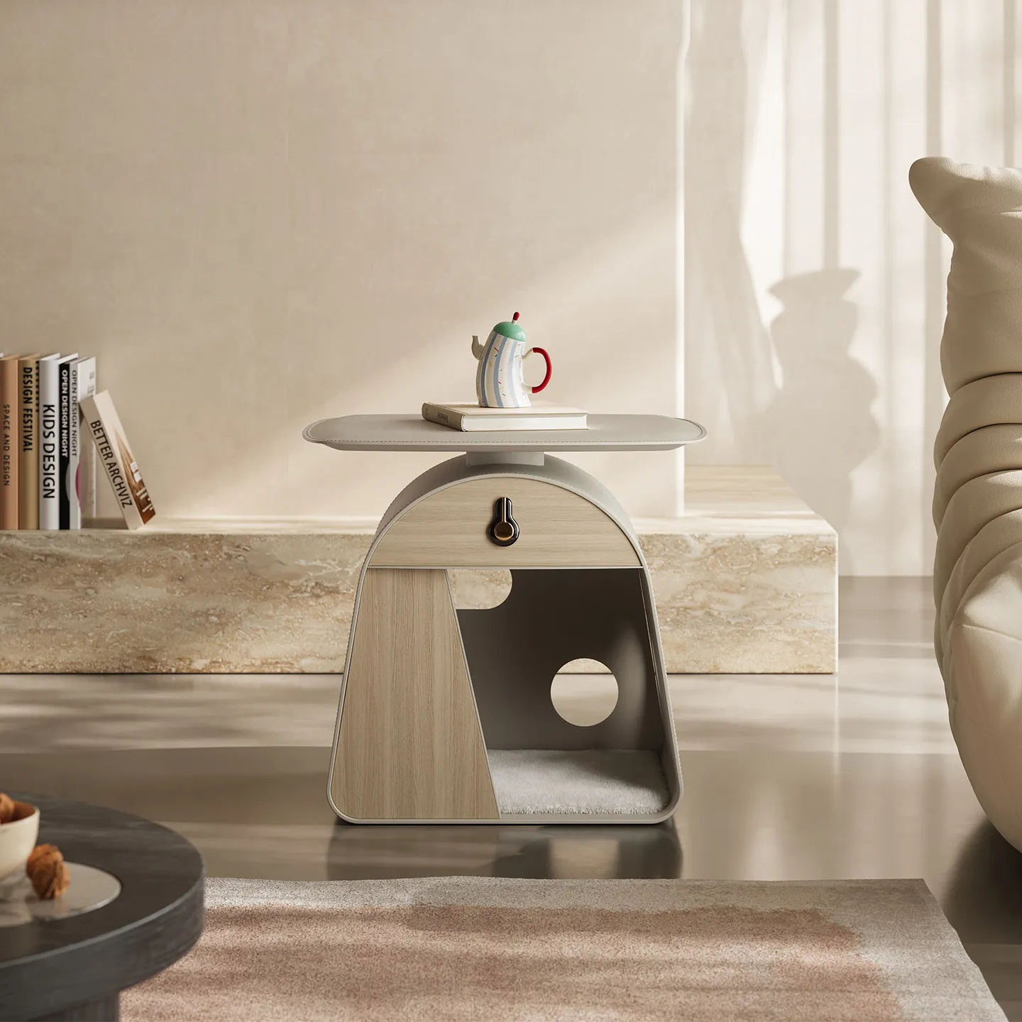 Modern side living room pet semi-closed saddle leather bedside table versatile