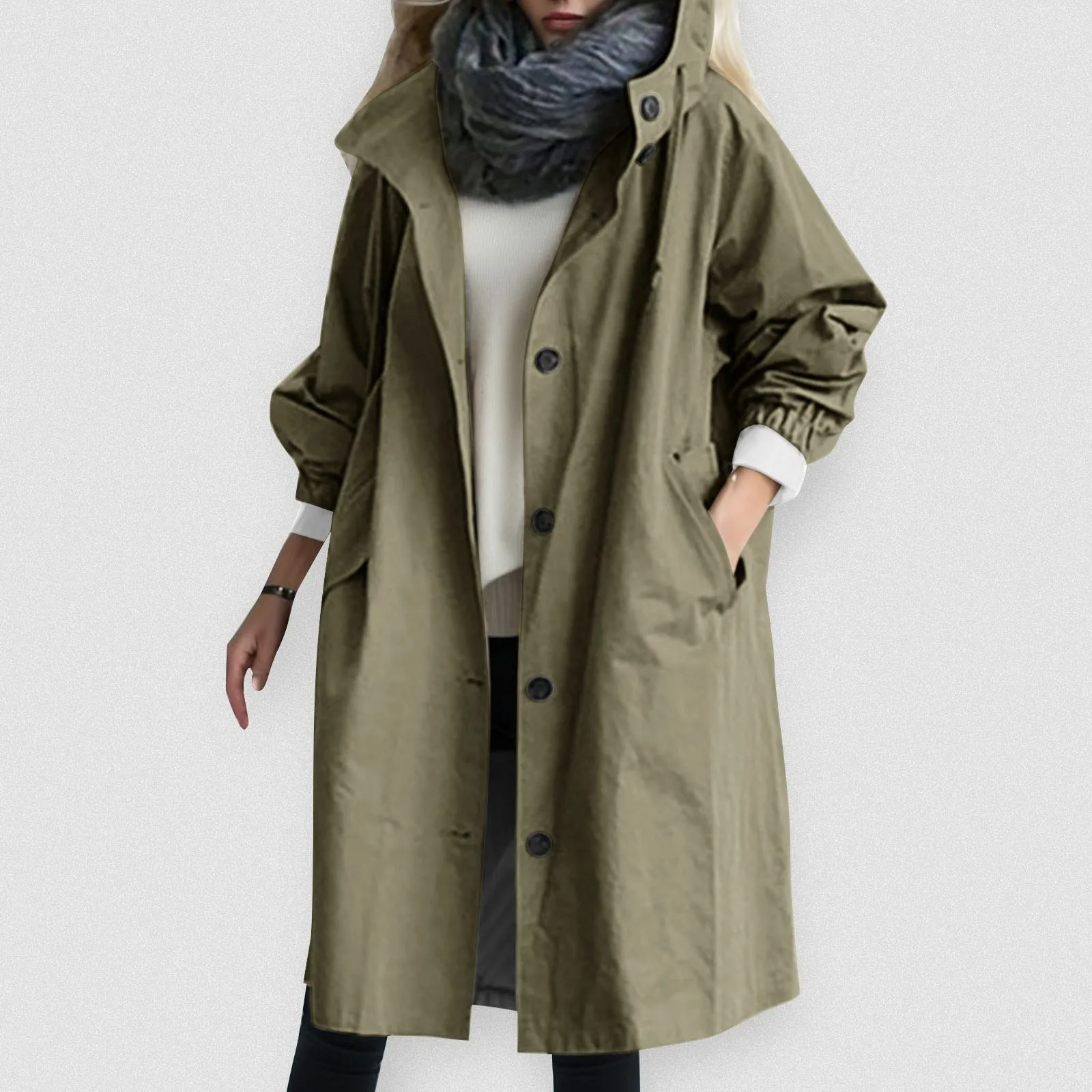 

Elegance Women Trench Coat Korean Retro Street Long Sleeve Single Breasted Pockets Hooded Windbreak Jacket Classic Outerwear Top