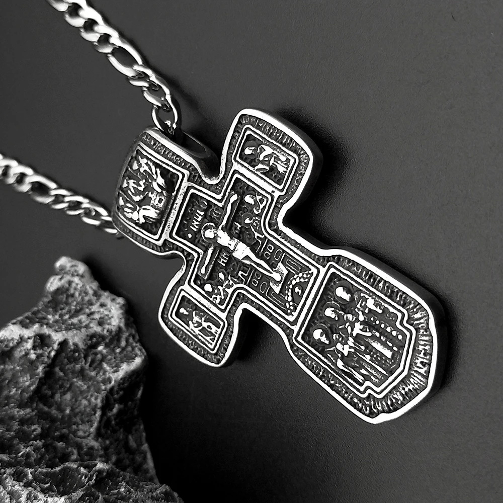 Jesus Crucifix Cross Orthodox Necklace for Women Men Stainless Steel Christian Believer Chain Necklace Vintage Charm Jewelry