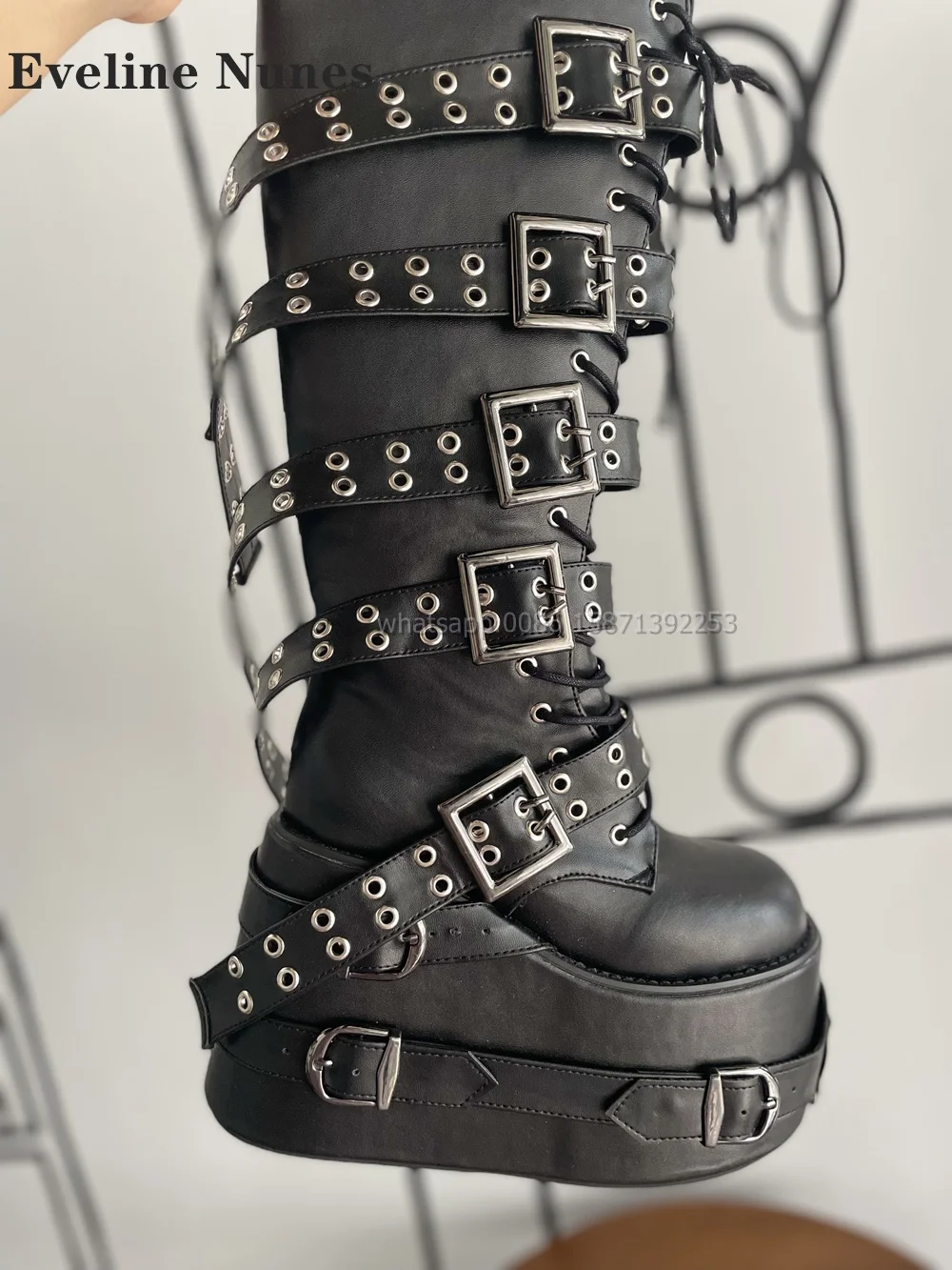 Belt Buckle Platform Motorcycle Boots Round Toe Height Increasing Cross Tied Patchwork Booty Punk Plus Size Booties Heavy Work