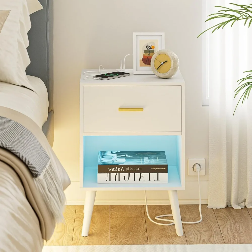 

Nightstand with Charging Station and LED Lights, Small Side Table, Bedside Table with Drawer, Modern Night Stand