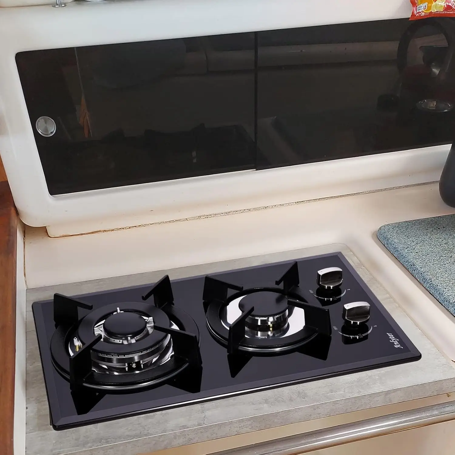 موقد غاز 12 بوصة، 2 شعلة مدمجة من الزجاج المقسى المسال غاز البترول المسال / الغاز الطبيعي المضغوط قابلة للتحويل مزدوجة الوقود مختومة - أسود #6