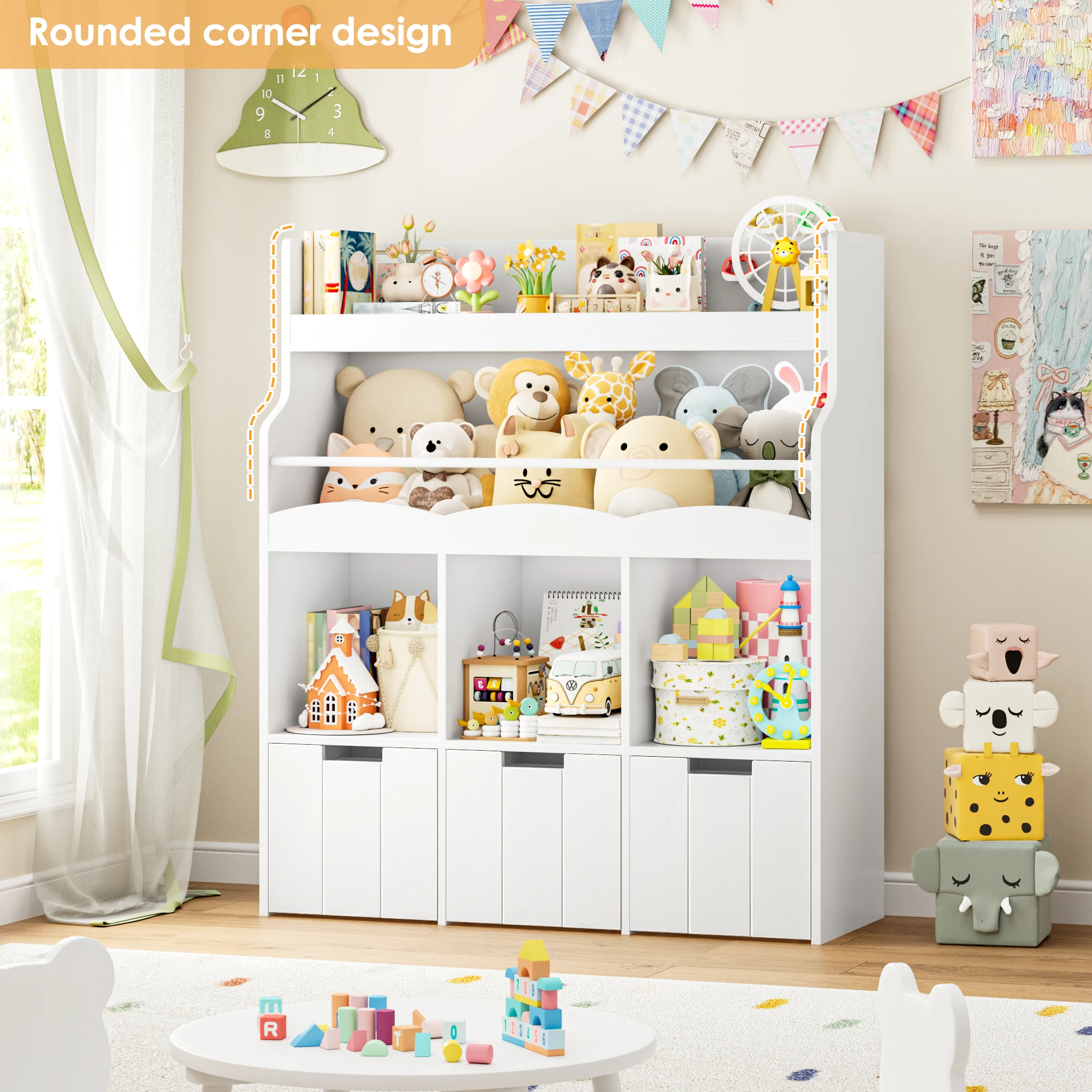 Kids' Bookshelf with Boxes on Wheels, Kids' Bookcase with 4 Storage Bins, Toy Shelf Kids' Room for Bedroom Kindergarten