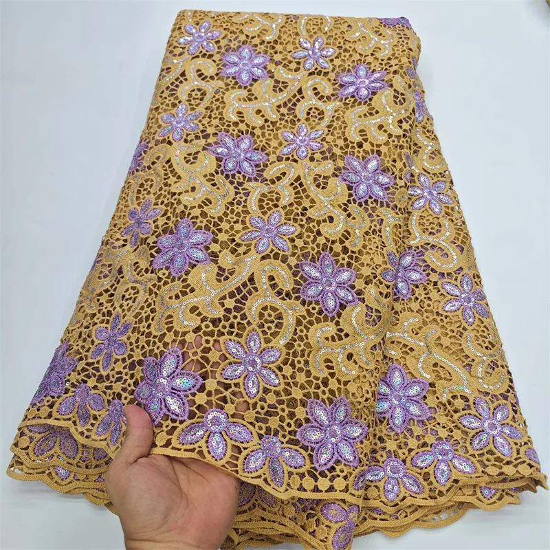 

African Guipure Cord Lace 2025 Gold High Quality Nigerian Sequins Water Soluble Lace For Women Wedding Party Dress Sew yards