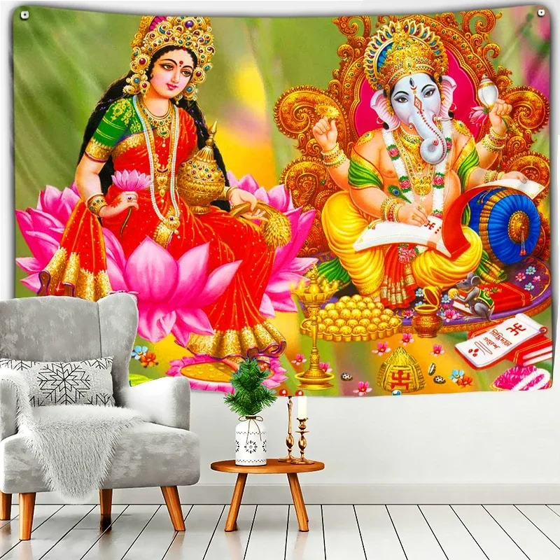 Dieu Ganesha Tapestry Esotericism Colorful Elephant Wall Hanging for Religious Ceremony Hindus for Home Living Room Decoration