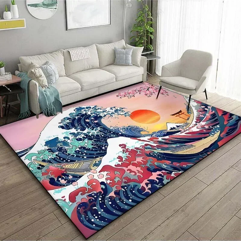 1PC Japanese Art Kanagawa Waves Carpet for Living Room Home Decor Large Area Rug Bedroom Floor Rug Non-slip Easy Washable Mat