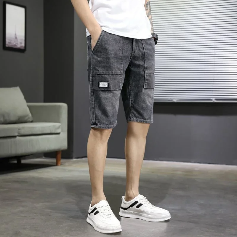 Short Jeans Pants for Men Long Half Man Denim Shorts Straight Knee Length Gray Original Retro Cowboy Korean Fashion Summer Jorts