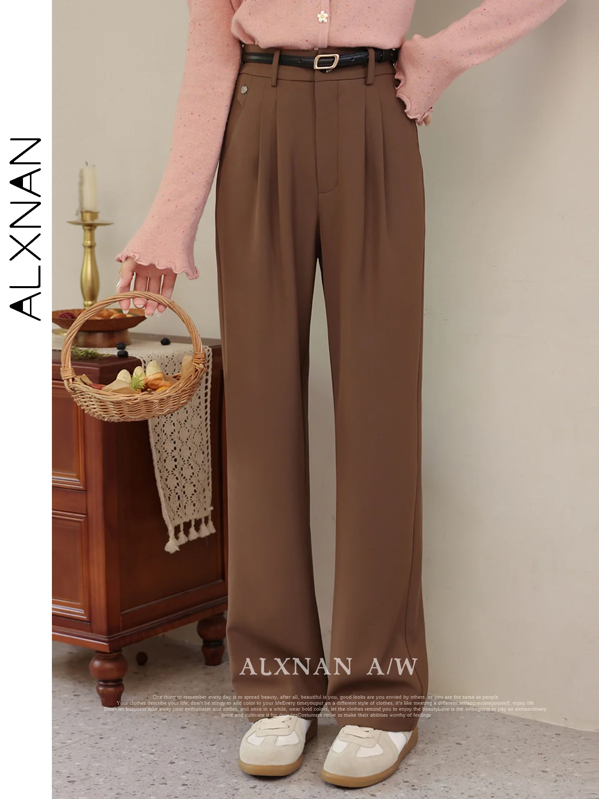 

ALXNAN Autumn Fashion Loose Straight Pant 2024 Commuter Casual Baggy Pants for Women Casual Brown Full Length Trousers LXN31560