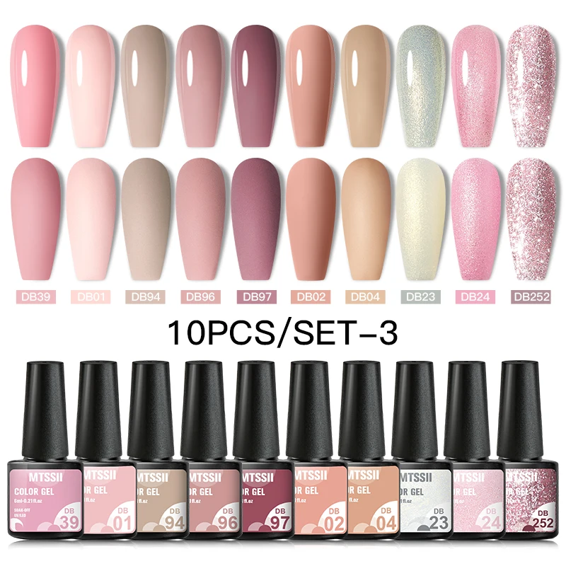 Mtssii 10Pcs/Set Gel Nail Polish Set Kit Nude Glitter Winter Colors Semi Permanent Varnishes Soak Off UV LED Nail Art Gel Kits