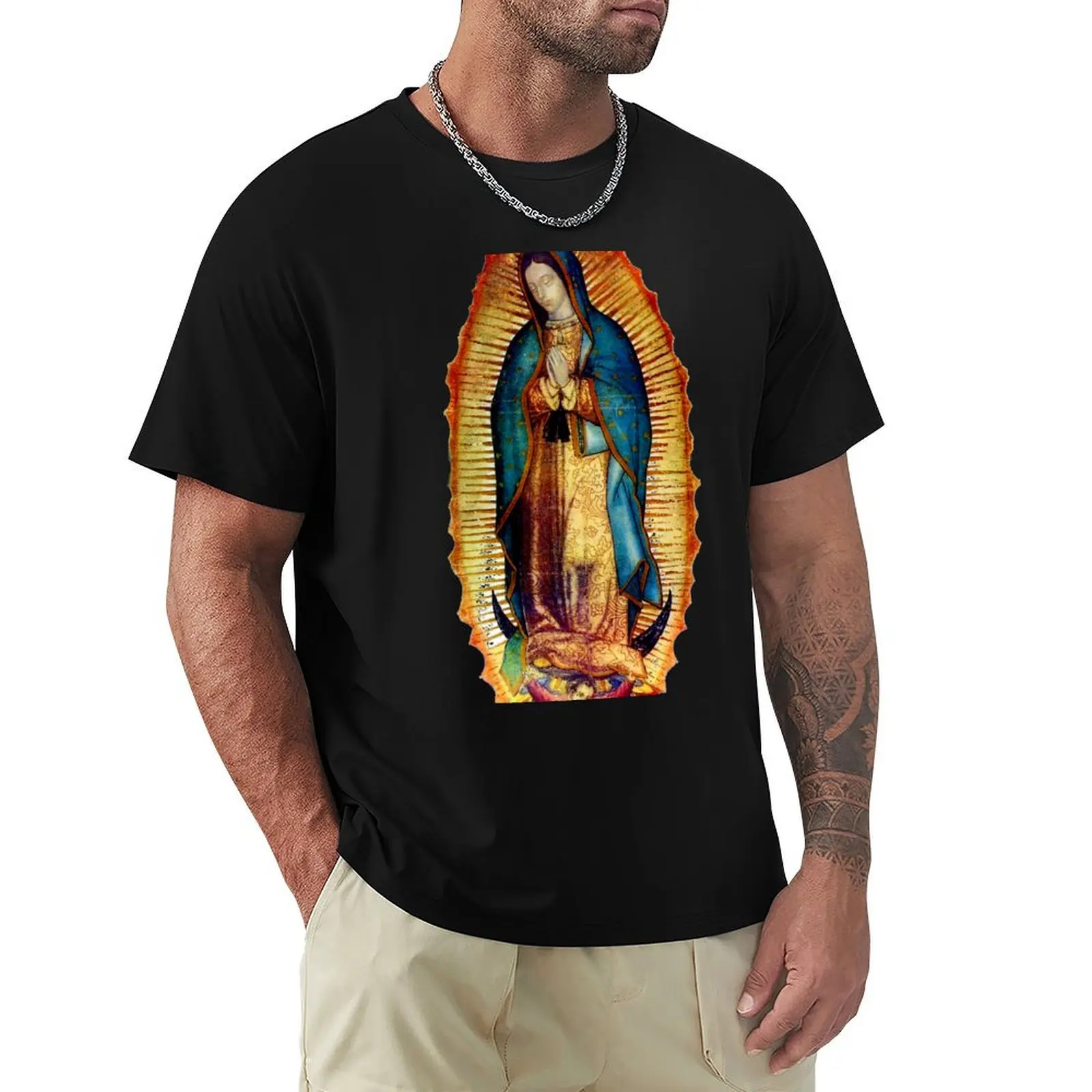 Camiseta Réplica de Nuestra Señora de Guadalupe Tilma, Camisa de Trabajo de Manga Corta
