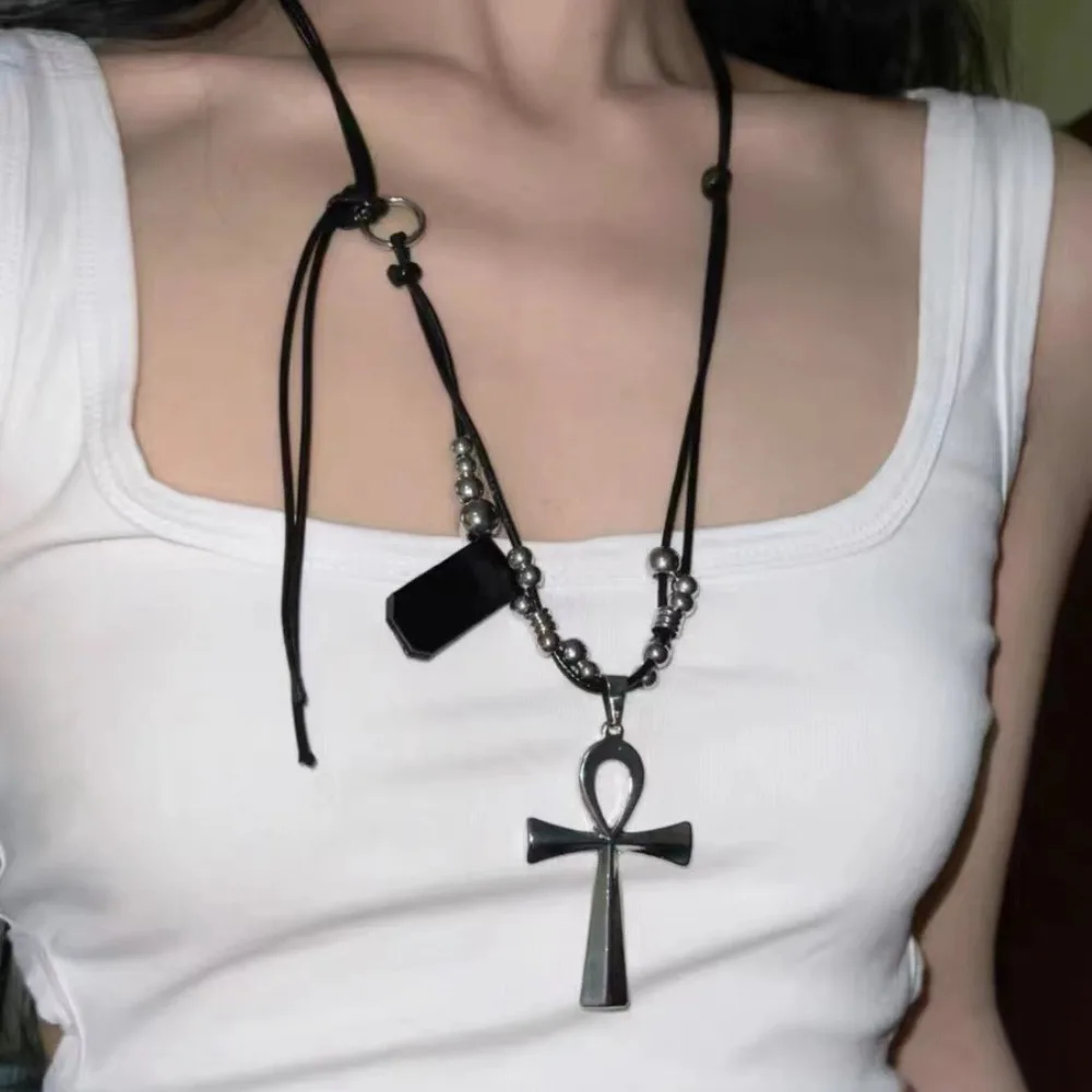 New Gothic Ancient Egyptian Ankh Cross Pendant Adjustable Leather Rope Chain Necklace for Women Men Halloween Grunge Y2K Jewelry