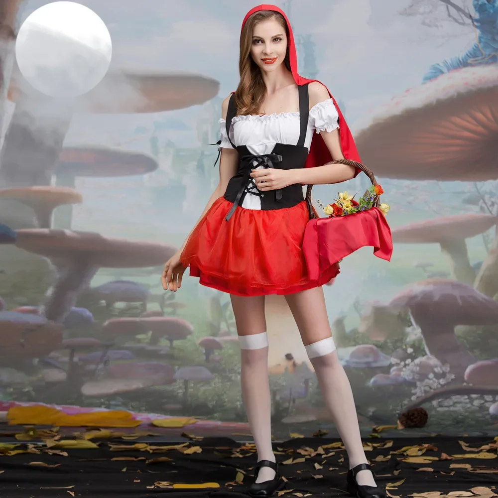 

Sexy Women Little Red Riding Hood Costumes Adult Cosplay Fantasy Game Uniforms Halloween Party Fancy Dress