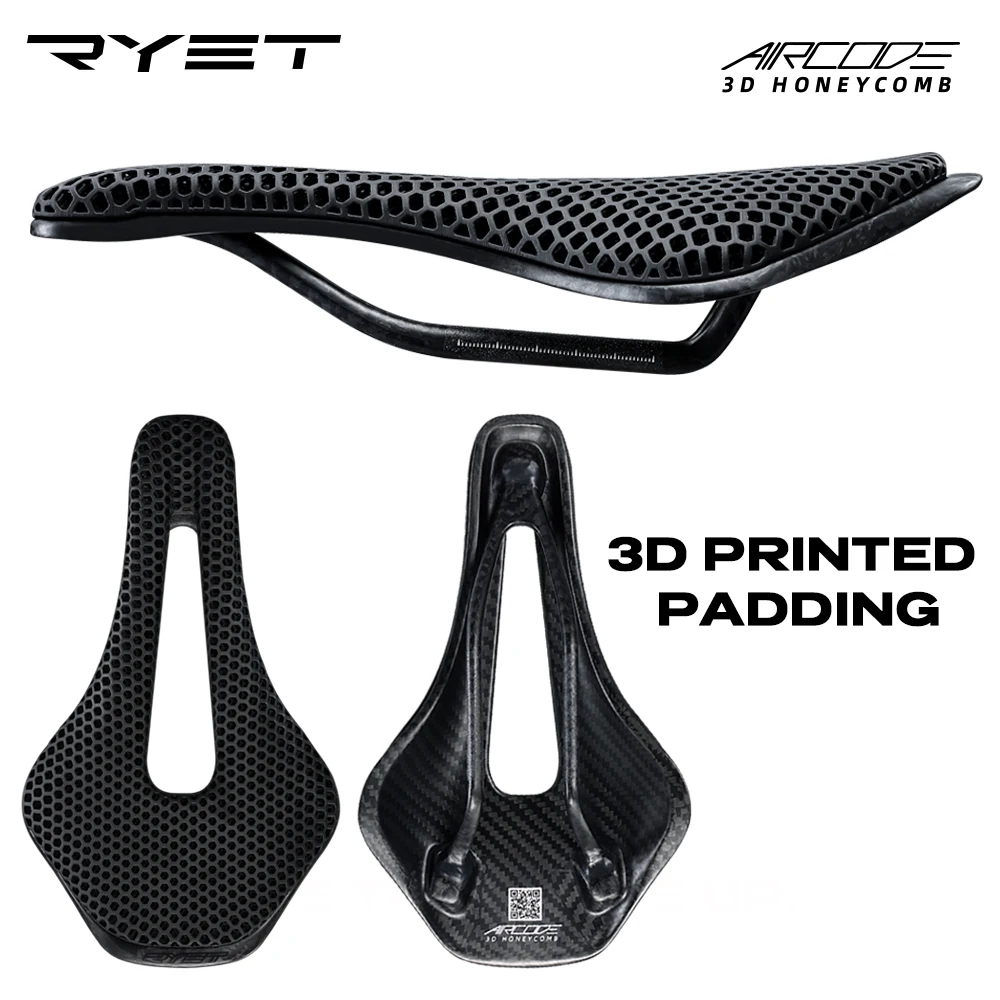 RYET Carbon Fiber 3D Printed Bike Saddle Ultralight Hollow Comfortable Breathable MTB Mountain Road Cycling Seat Bicycle Parts