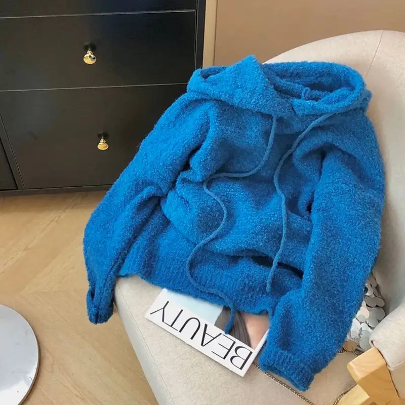 

Мягкий восковой свитер с капюшоном в ленивом стиле для женщин, осенне-зимний свободный простой свободный повседневный вязаный топ