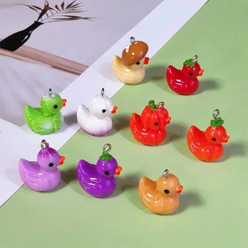 10pcs Cute 3D Vegetable Duck Resin Pendants, Potato Pumpkin Eggplant Onion Garlic Charms for Handmade Bracelet & Earring Craft