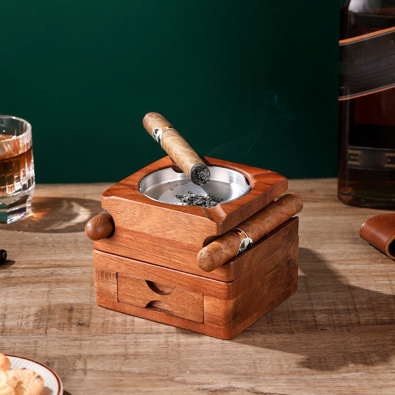 

Metal Wood Mixed Material Ashtray Detachable Creative Wood Color Ashtray Wine Glass Cup Holder With Drawer Storage Ashtray