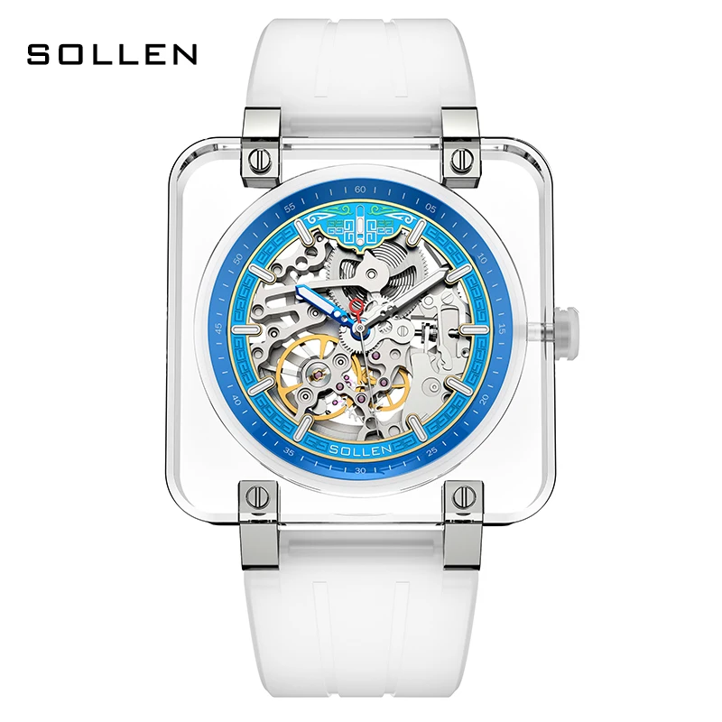 New Luxury Brand SOLLEN Seagull Automatic Mechanical Sapphire Men\'s Watches Luminous Waterproof Skeleton Transparent Clock SL325