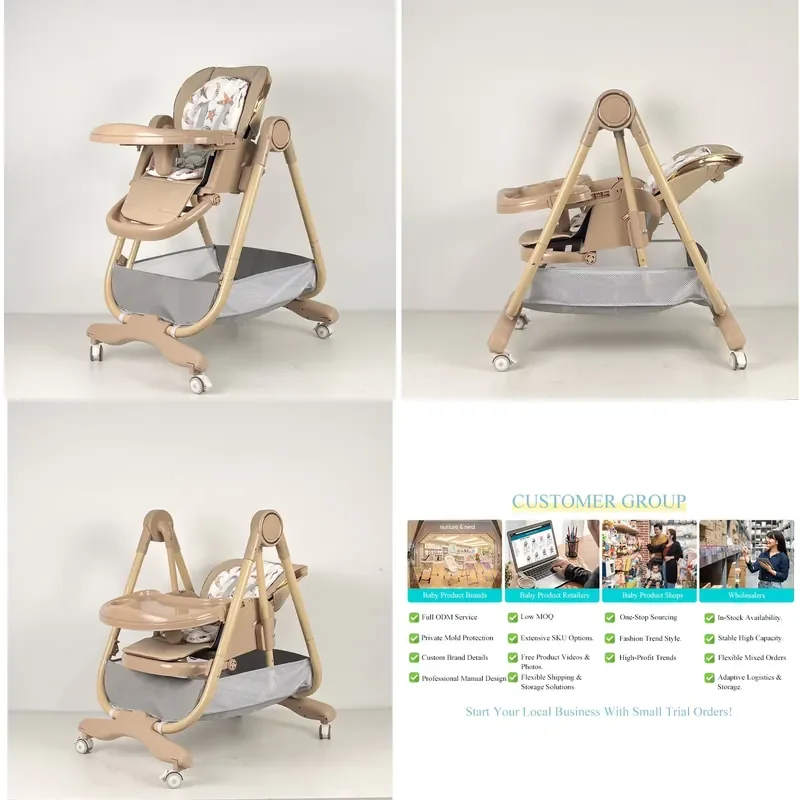 for  Foldable Baby Dining Chair with Brakes 8 Level Height Adjustment 2 in 1 Rocking Highchair  Seat Cushion Universal Wheels