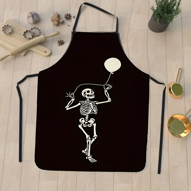 1pc Halloween Skeleton with Balloons Print Apron - Black Polyester Kitchen Apron for Cooking Baking Gardening Parties