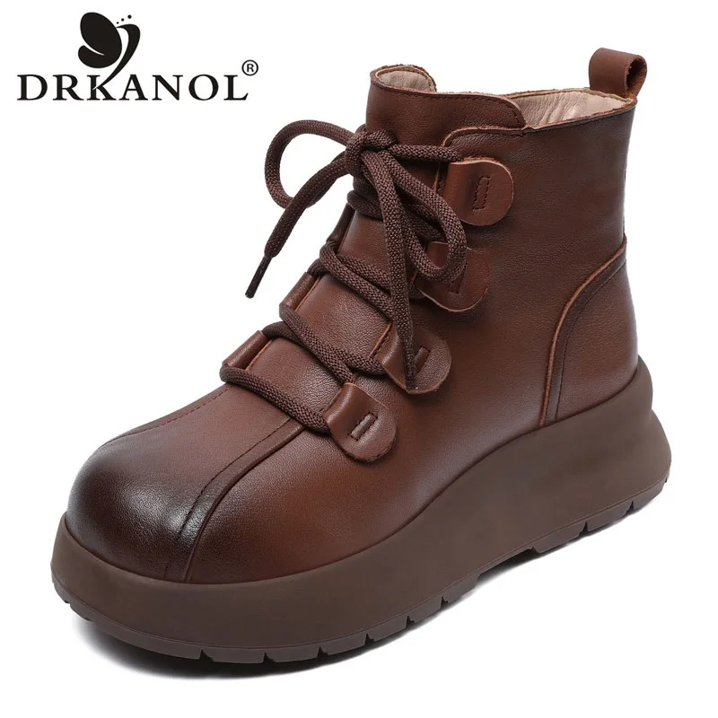 DRKANOL Big Size 35-43 Winter Snow Boots Women Warm Shoes Handmade Retro Genuine Leather Wedges Platform Shearling Fur Boots